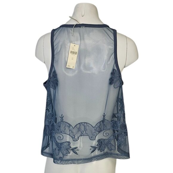 Anthropologie Mesh Appliqué Tank Floral Embroidered Sheer Blue Size XS NWT - Picture 7 of 10